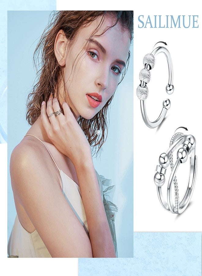 sailimue 9Pcs Anti Anxiety Rings For Women Men Fidget Band Rings Set For Anxiety Unisex Adjustable Stacking Spinner Worry Stress Relief Ring With Beads - Image 2